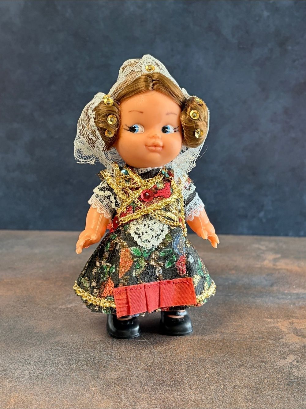 Vintage Spanish Valencian Fallera Doll Traditional Costume Lace Veil